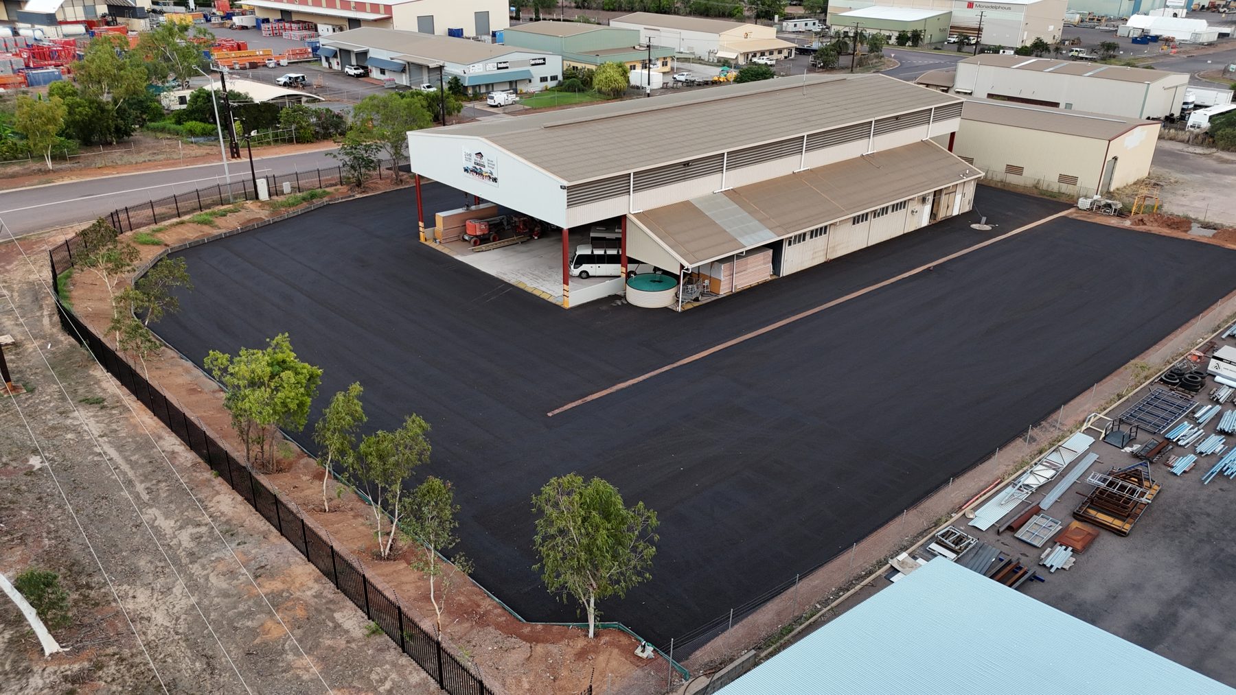 Drone view of a Darwin site with new black pavement